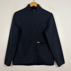 Figs On Shift Sweater Knit Jacket Womens Medium Navy Blue Fleece Full Zip Pocket